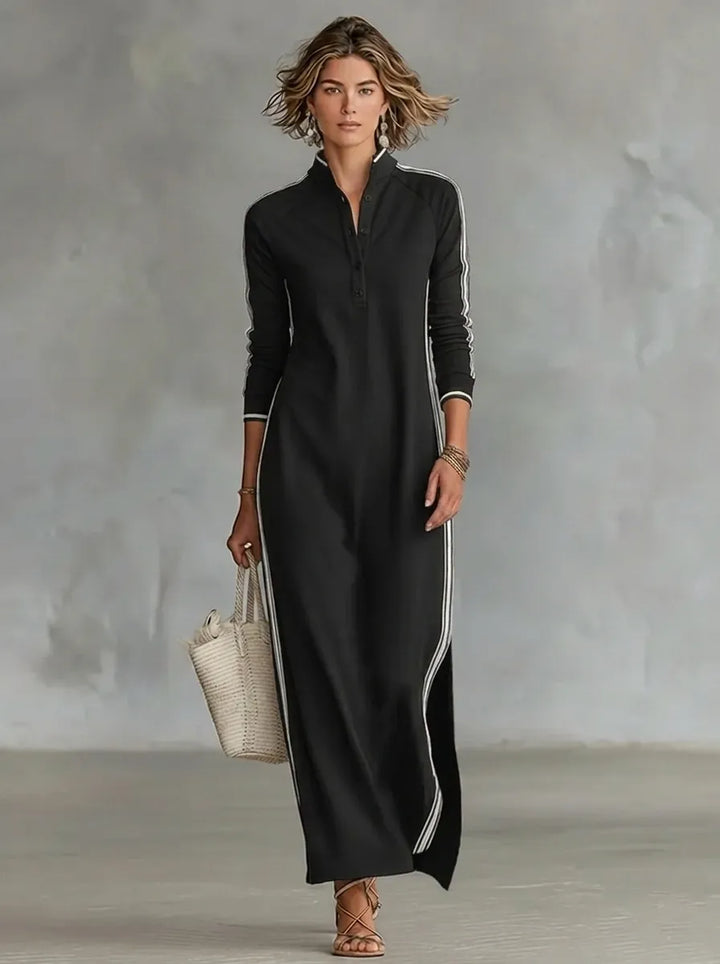 Minimalist sweatshirt dress for women with a white collar and button placket