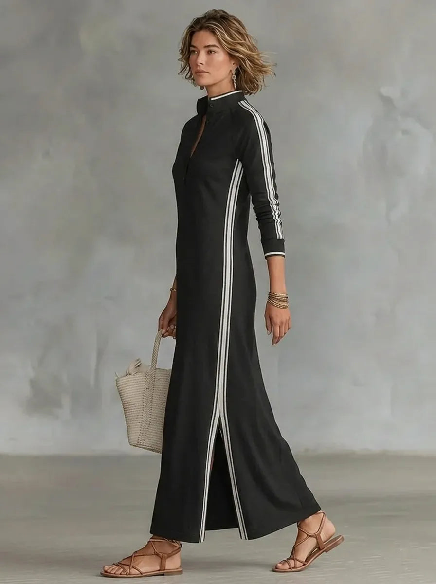 Minimalist sweatshirt dress for women with a white collar and button placket