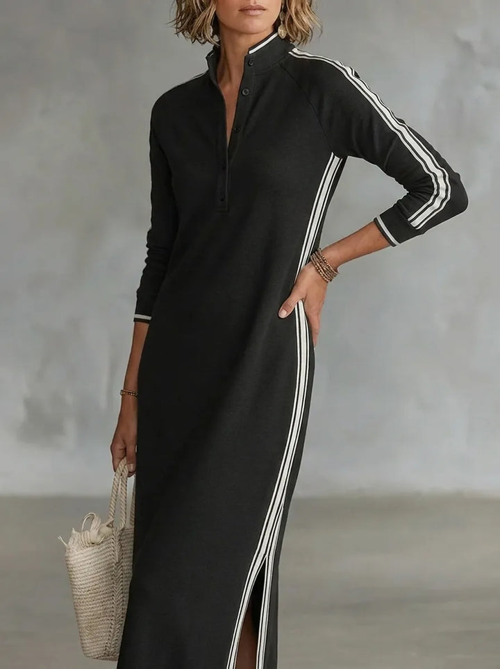 Minimalist sweatshirt dress for women with a white collar and button placket
