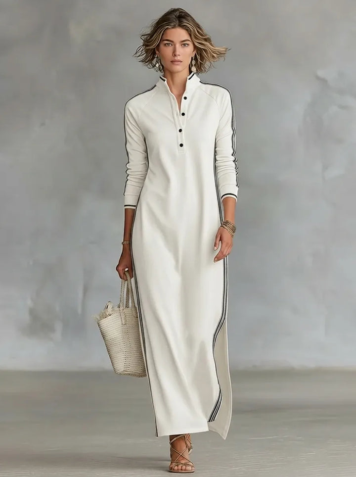 Minimalist sweatshirt dress for women with a white collar and button placket