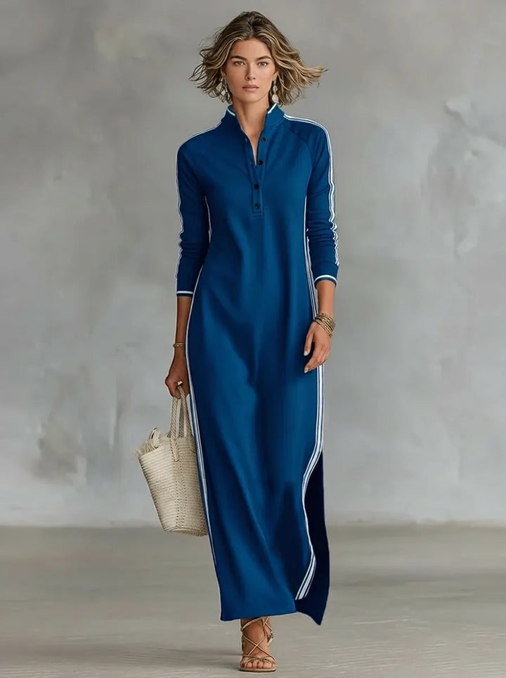 Minimalist sweatshirt dress for women with a white collar and button placket