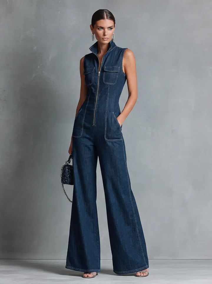 Dark blue retro-style sleeveless jumpsuit for women with a stand collar, flared cut, and front zipper