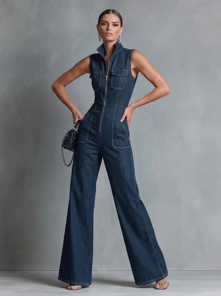 Dark blue retro-style sleeveless jumpsuit for women with a stand collar, flared cut, and front zipper