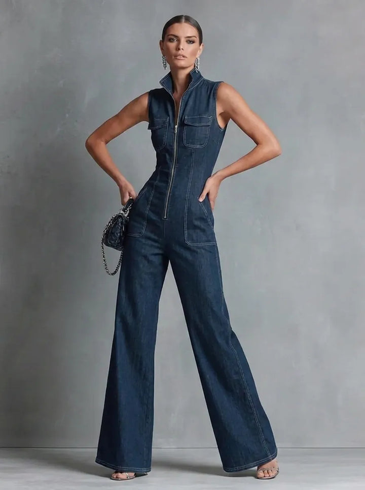 Dark blue retro-style sleeveless jumpsuit for women with a stand collar, flared cut, and front zipper