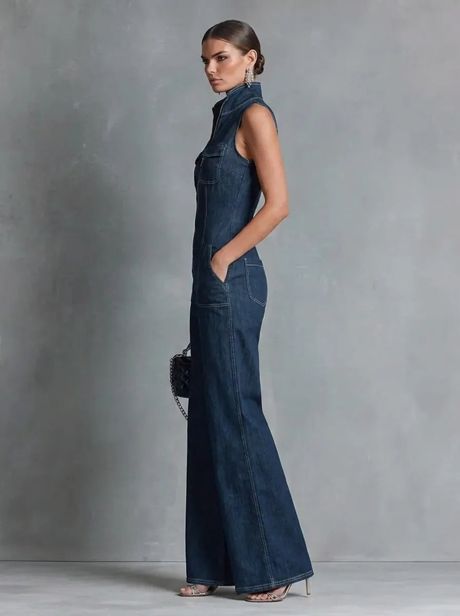 Dark blue retro-style sleeveless jumpsuit for women with a stand collar, flared cut, and front zipper