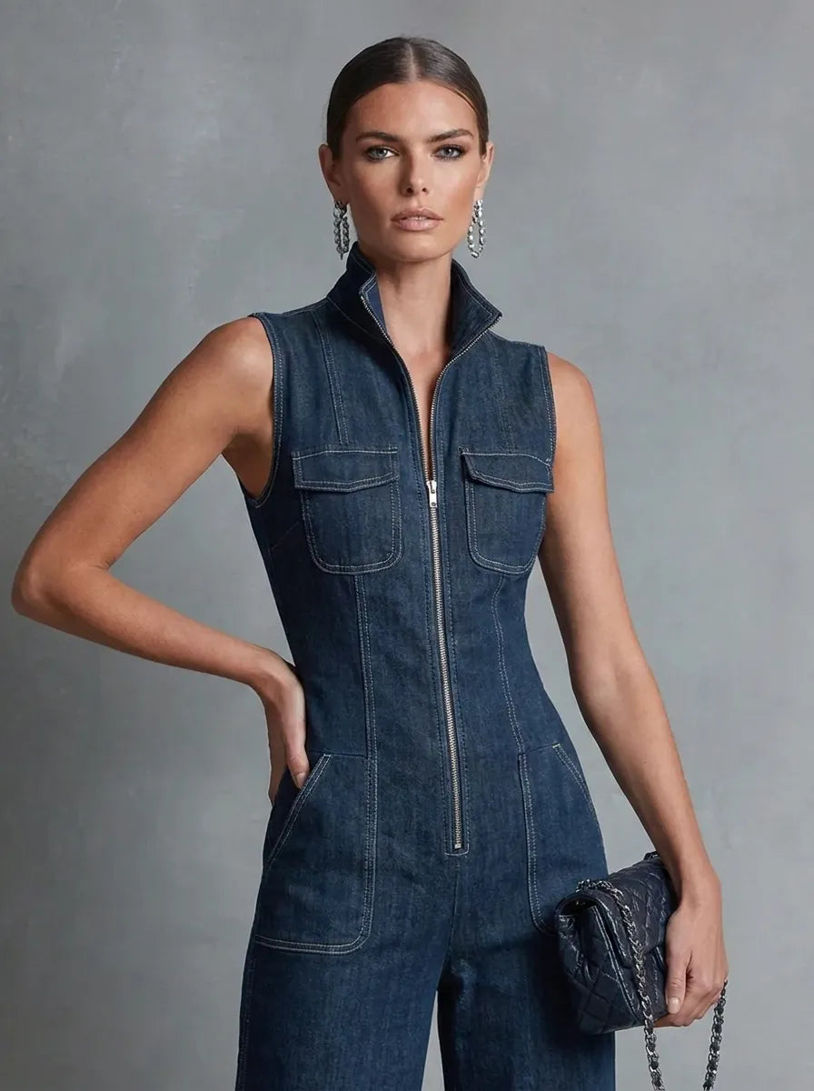 Dark blue retro-style sleeveless jumpsuit for women with a stand collar, flared cut, and front zipper