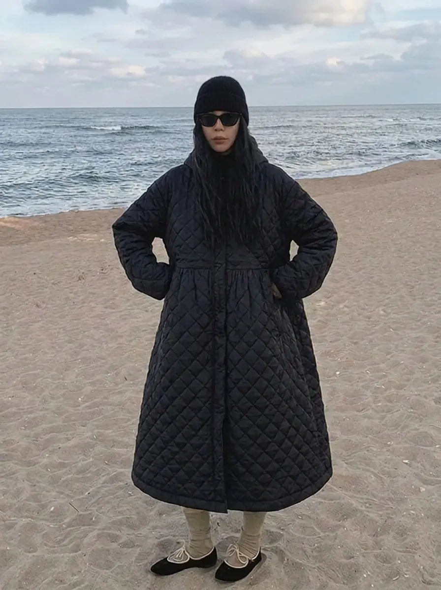 Women’s oversized quilted maxi-length coat with diamond quilting