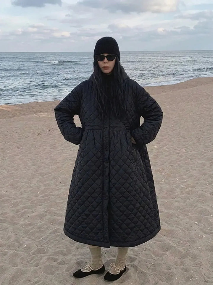 Women’s oversized quilted maxi-length coat with diamond quilting
