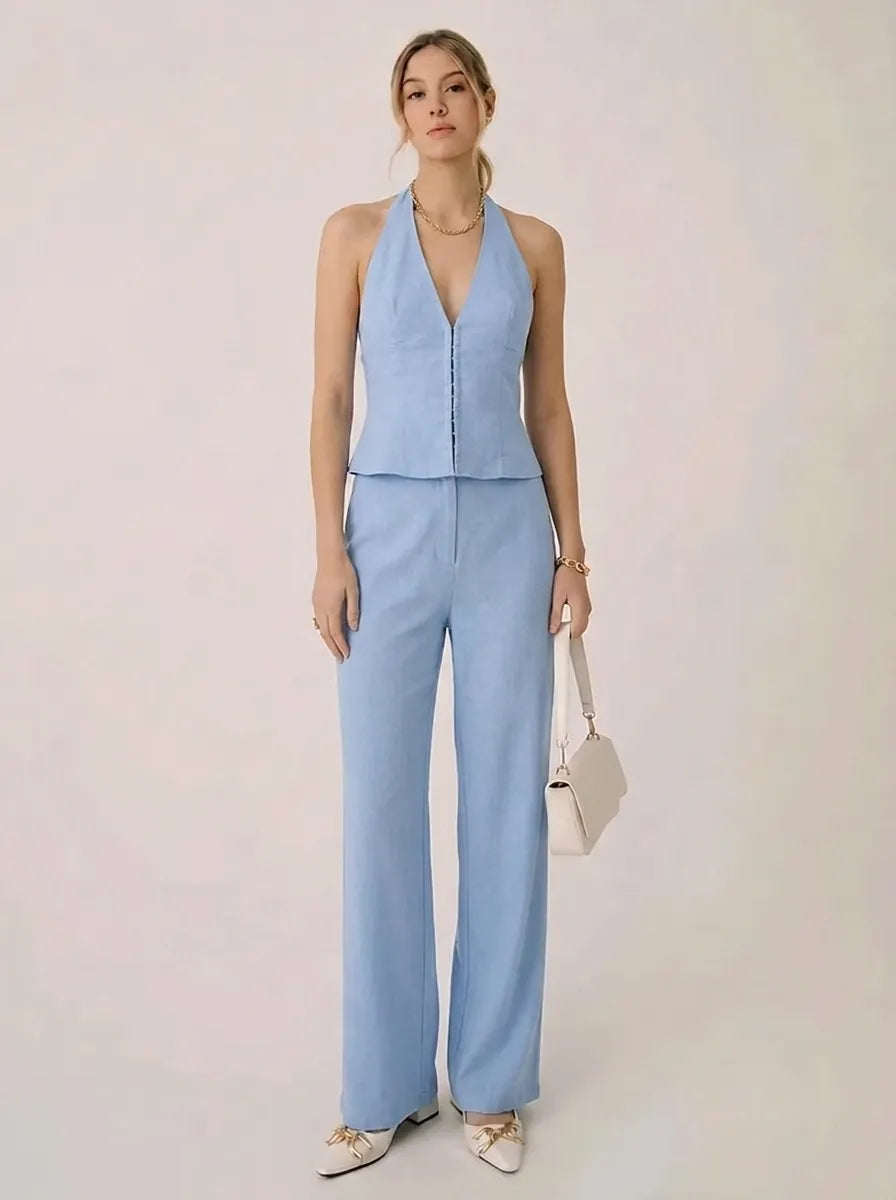 Women's Halter V-Neck Wide-Leg Set