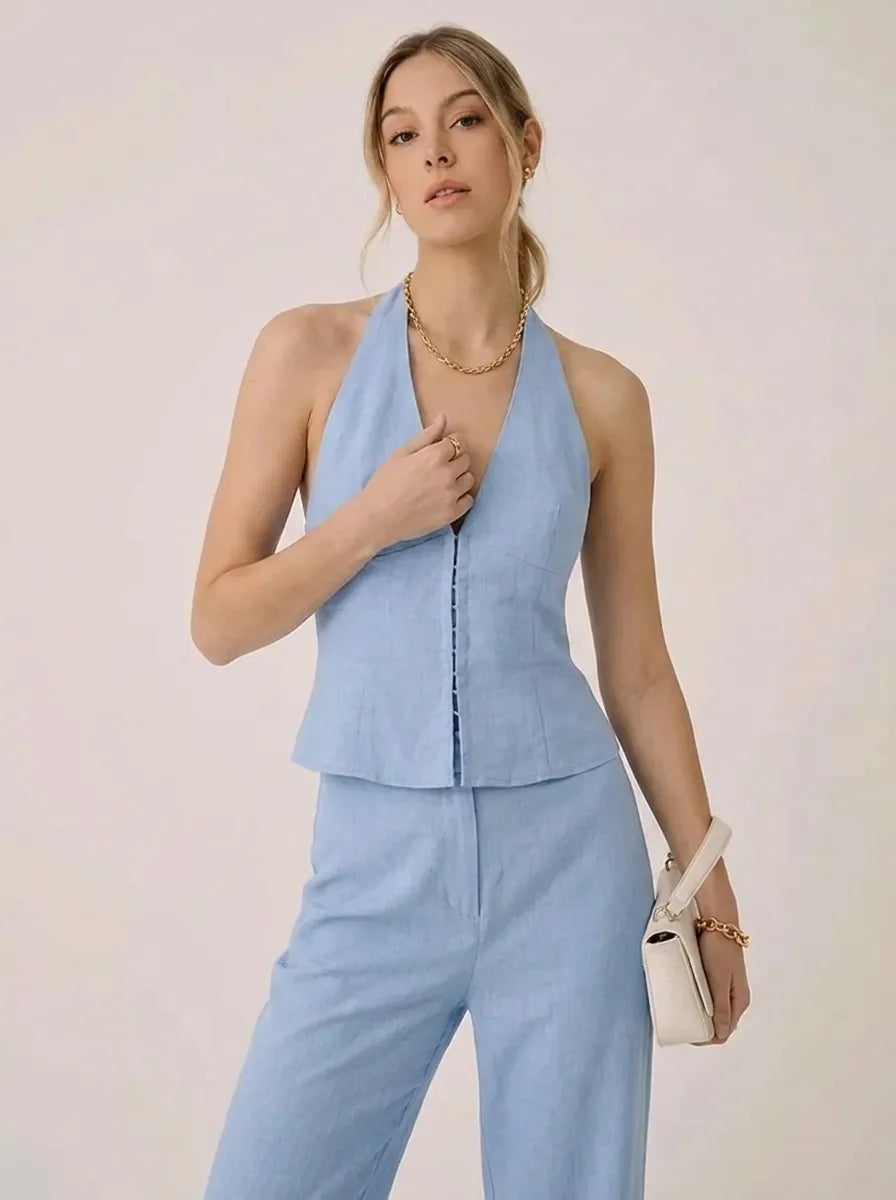 Women's Halter V-Neck Wide-Leg Set
