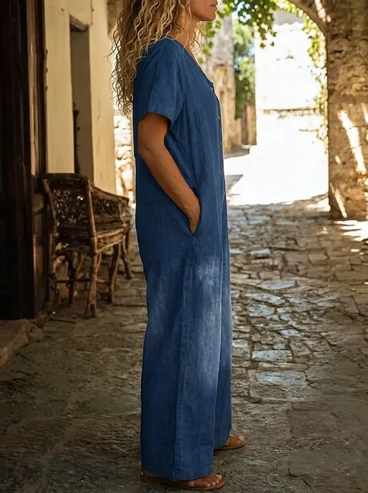 Denise | Denim Jumpsuit with V-Neck and Short Sleeves