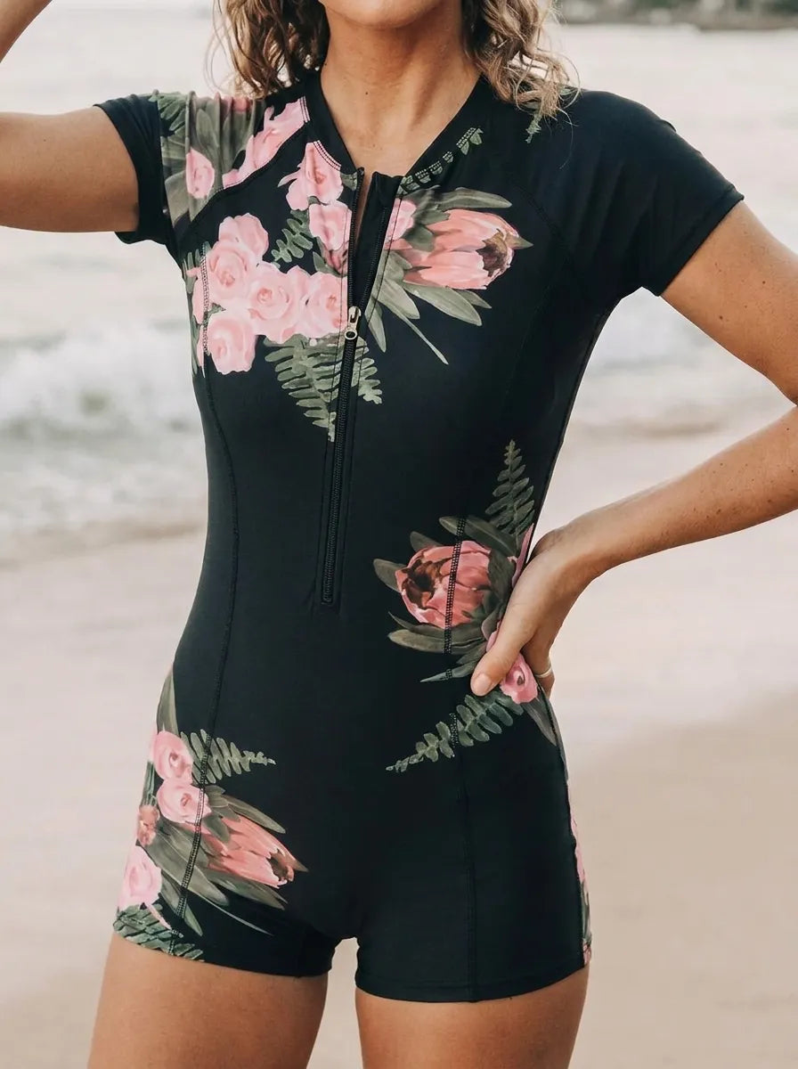 Backless One-Piece Swimsuit with Floral Pattern