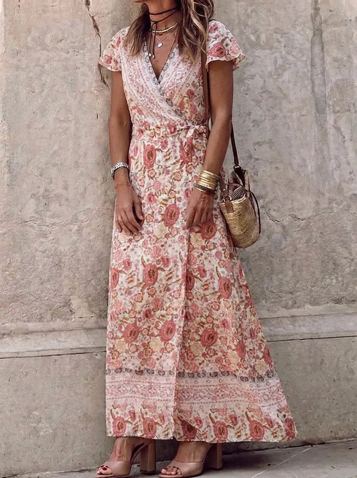 Rocio® | Bohemian Floral V-Neck A-Line Dress with Belt