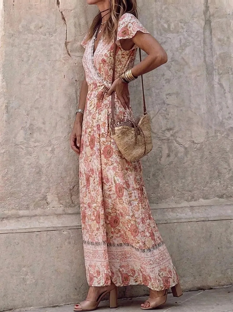 Rocio® | Bohemian Floral V-Neck A-Line Dress with Belt