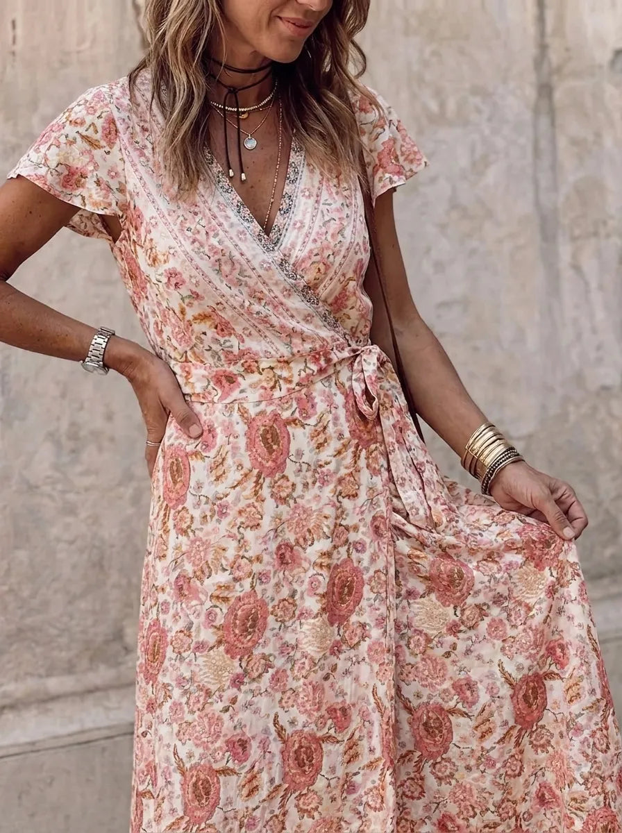 Rocio® | Bohemian Floral V-Neck A-Line Dress with Belt