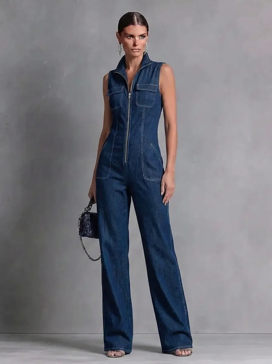 Dark blue retro-style sleeveless jumpsuit for women with a stand collar, flared cut, and front zipper