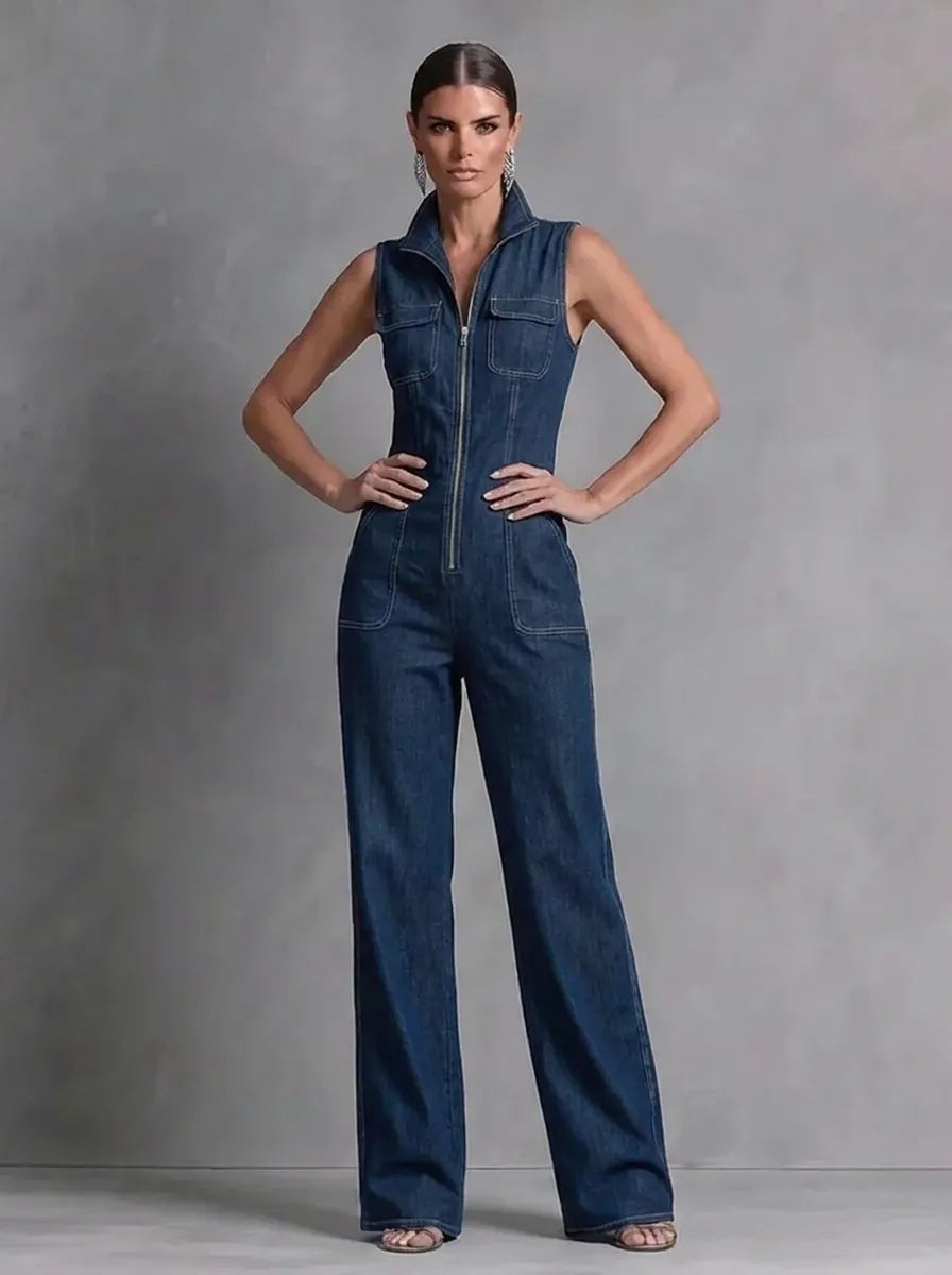 Dark blue retro-style sleeveless jumpsuit for women with a stand collar, flared cut, and front zipper
