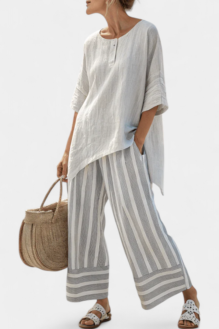 Fiorella - elegant asymmetrical blouse and striped trousers