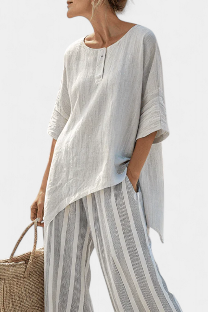 Fiorella - elegant asymmetrical blouse and striped trousers