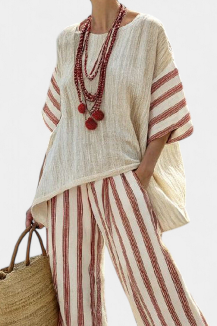 Rosalinda – elegant rustic striped top and cream linen trousers