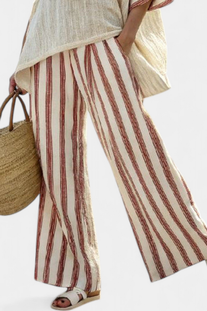 Rosalinda – elegant rustic striped top and cream linen trousers