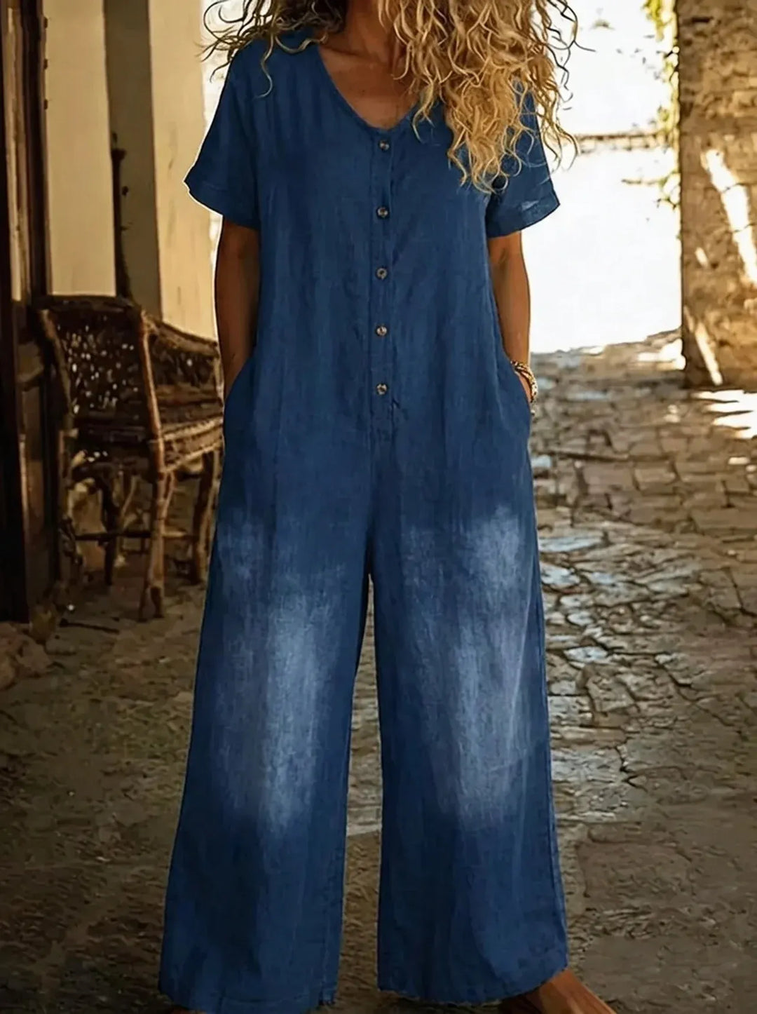 Denise | Denim Jumpsuit with V-Neck and Short Sleeves