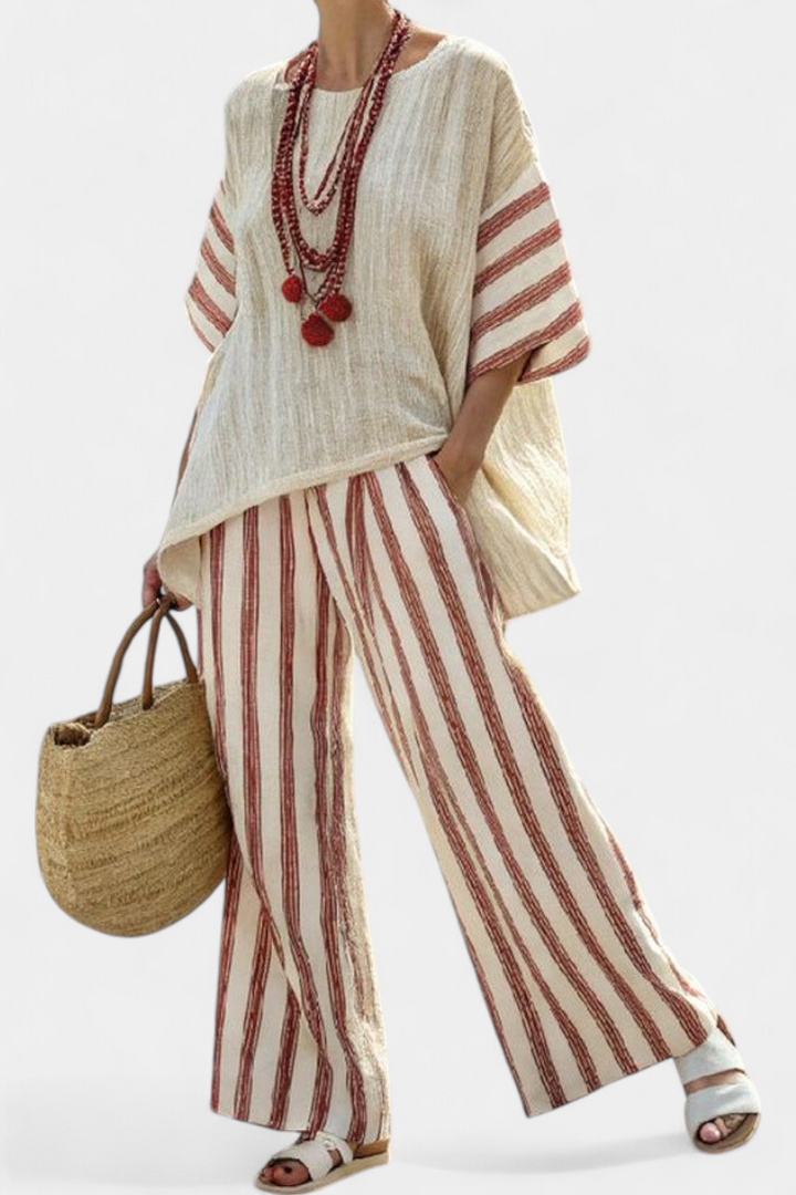 Rosalinda – elegant rustic striped top and cream linen trousers