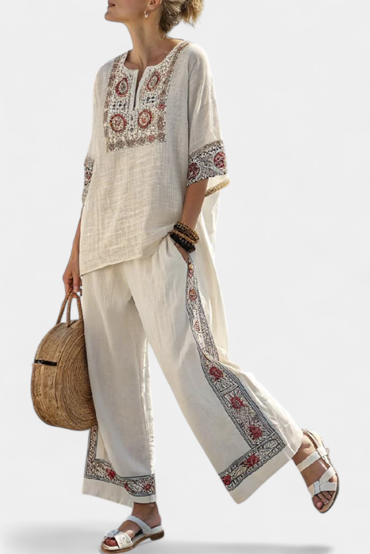 Tiziana – Essential Embroidered Blouse and Wide-Leg Trousers