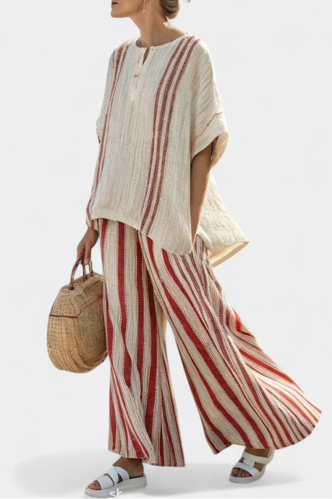 Mirella – structured red striped blouse and linen trousers
