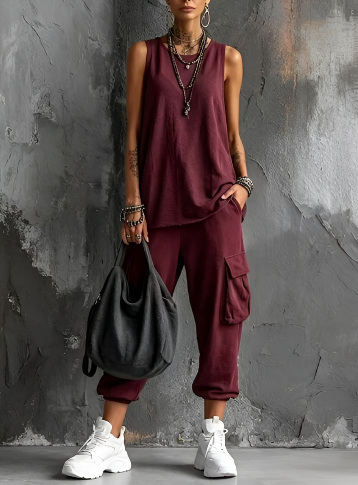 Valentina | Damen ärmelloses V-Ausschnitt-Set mit Taschen