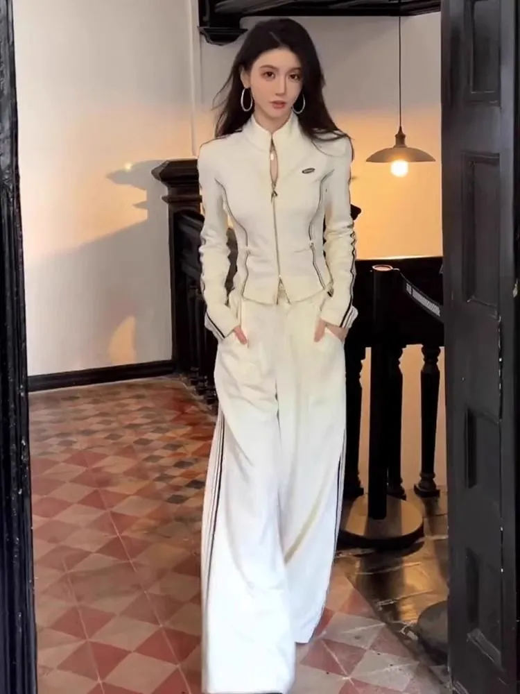 White wide-leg zip-up set with stand-up collar