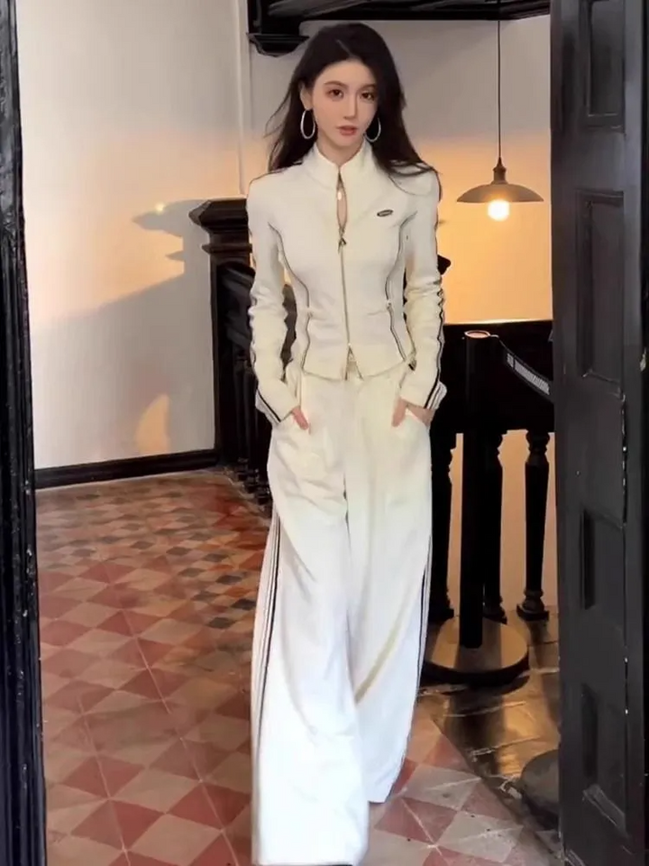 White wide-leg zip-up set with stand-up collar