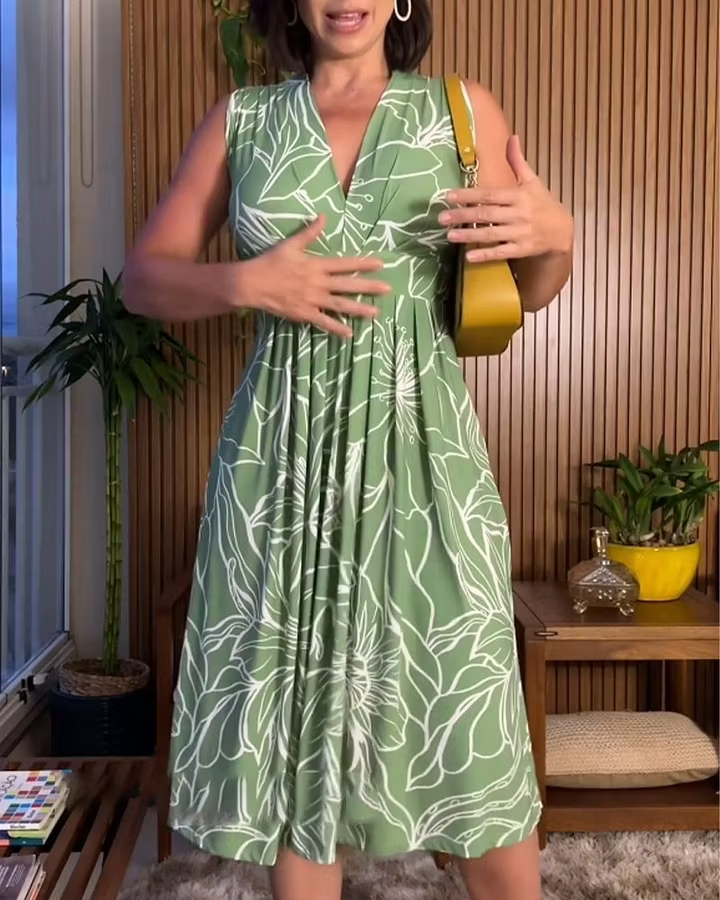 Damen Ärmelloses Blumenv-Ausschnitt Kleid in Knielänge