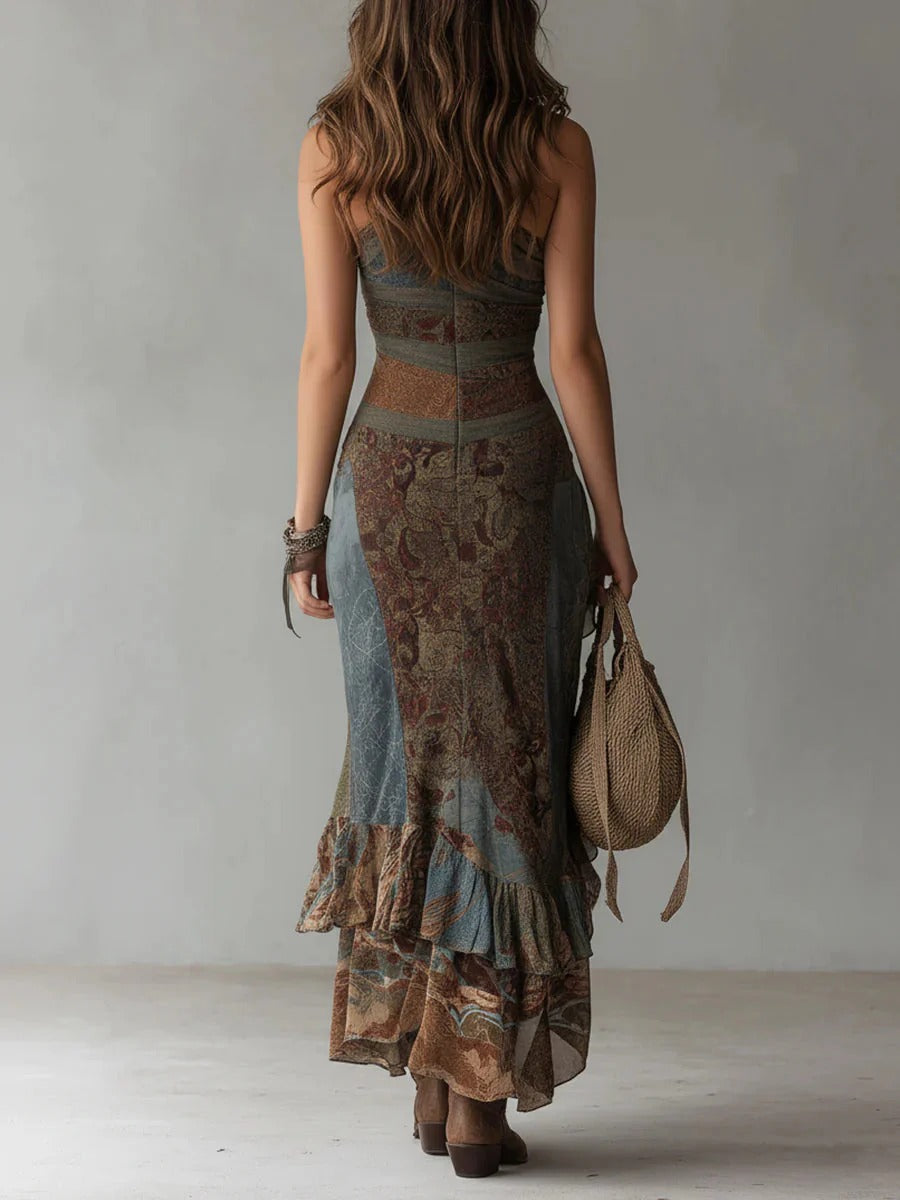 María | Women's Asymmetrical Ethnic Print Maxi Dress with Side Slit