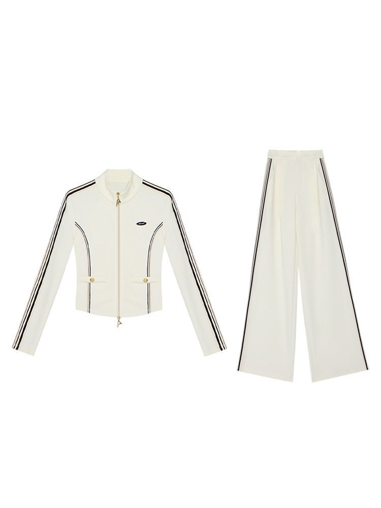 White wide-leg zip-up set with stand-up collar