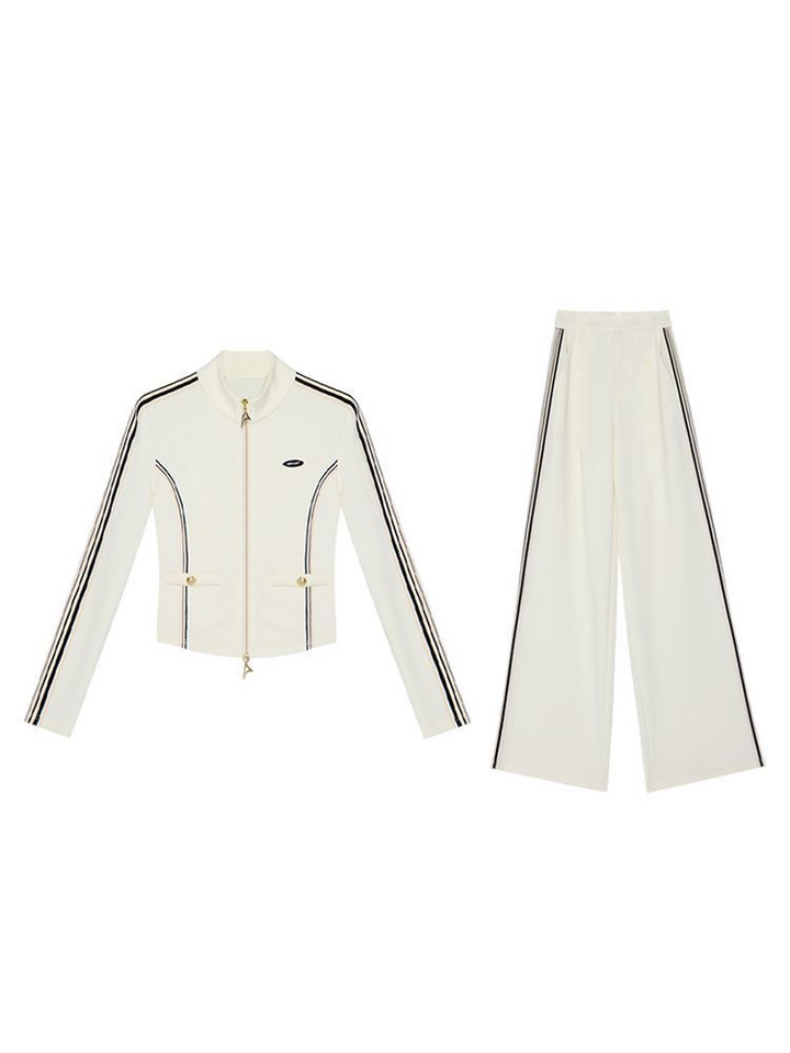 White wide-leg zip-up set with stand-up collar