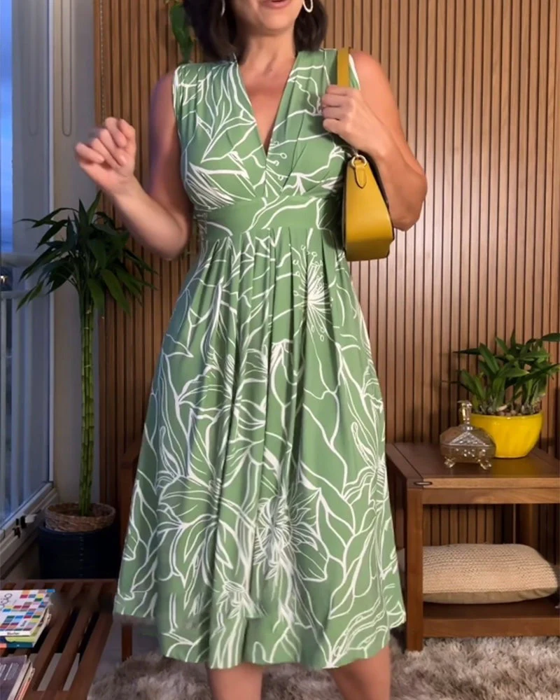 Damen Ärmelloses Blumenv-Ausschnitt Kleid in Knielänge