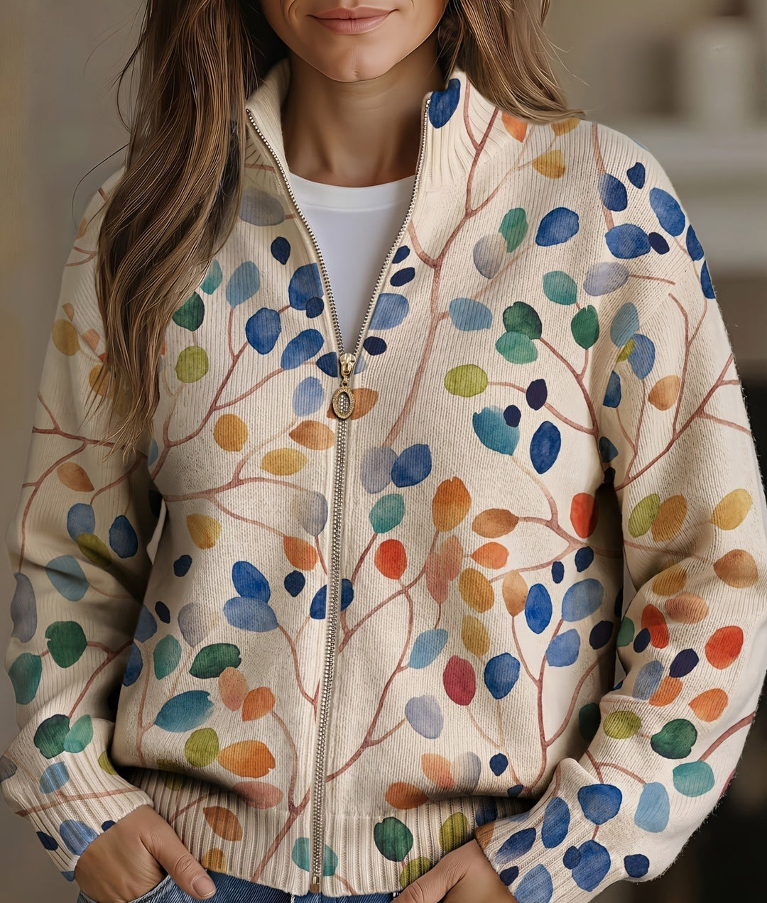 Imogene | Women’s cardigan with botanical leaf pattern and zipper