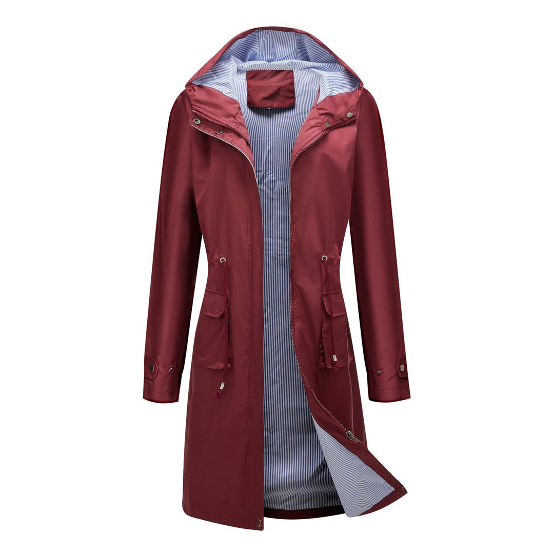 Women’s waterproof raincoat with hood and adjustable drawstring