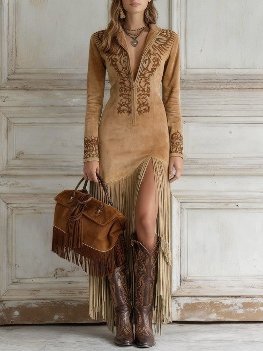 Ophelio Western Style Maxi Dress with Embroidered Faux Leather Fringe and Half-Zip