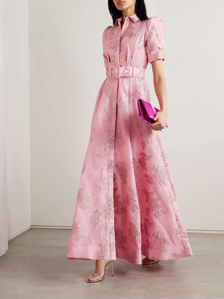 Aven - Retro Pink Lapel High-Waist Dress