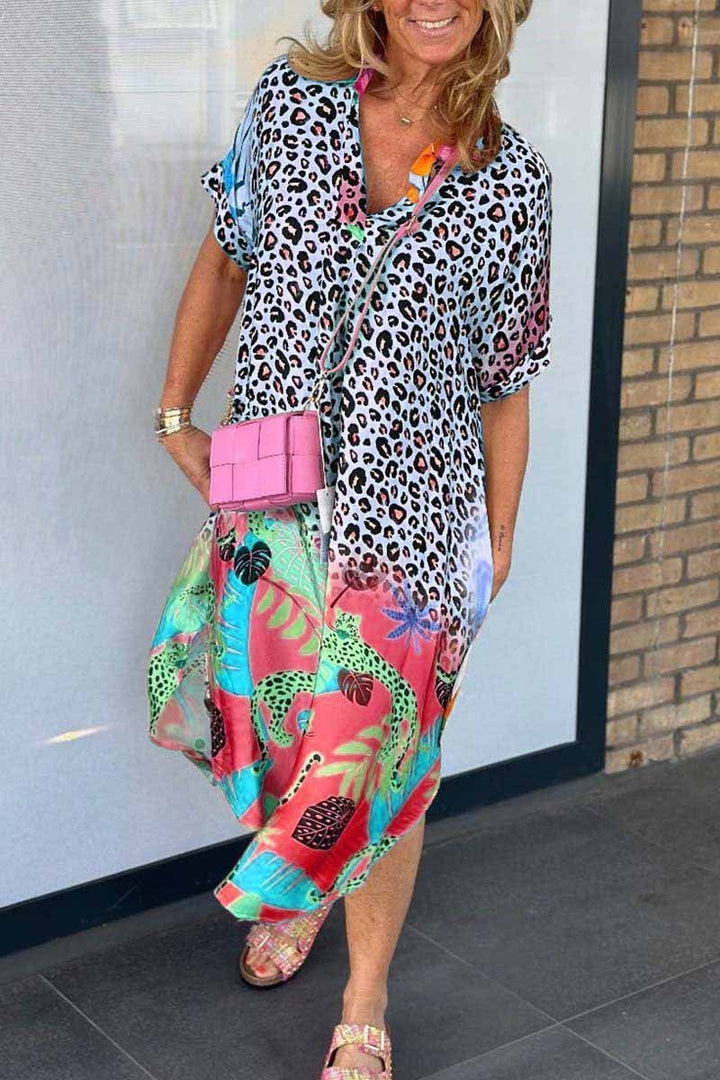 Felicia™ - Leisure Dress with Leopard Print and Short Sleeves