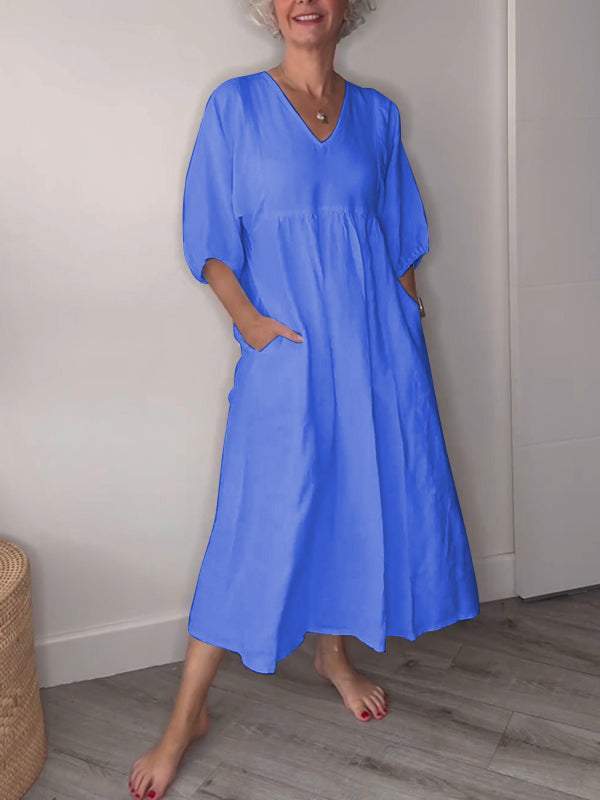 Eeva™ - Casual V-Neck Midi Dress with Pockets