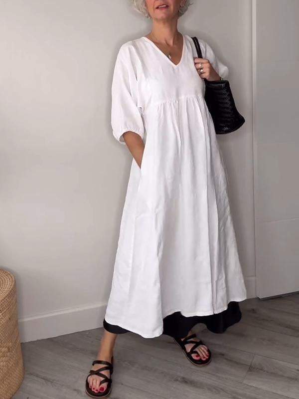 Eeva™ - Casual V-Neck Midi Dress with Pockets