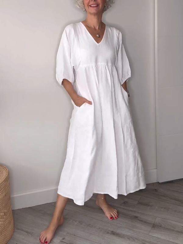 Eeva™ - Casual V-Neck Midi Dress with Pockets