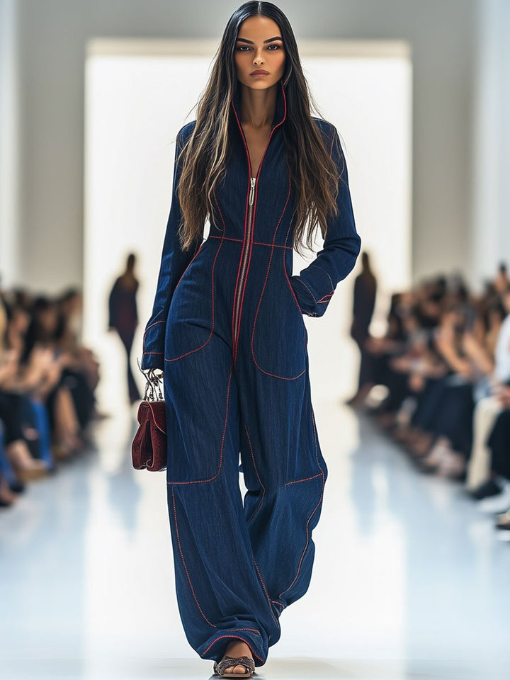 Nicole™ - Retro Red Topstitch Denim Overalls