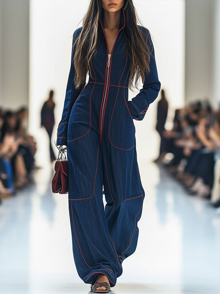 Nicole™ - Retro Red Topstitch Denim Overalls
