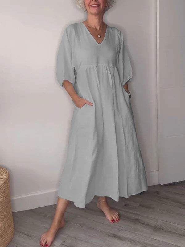 Eeva™ - Casual V-Neck Midi Dress with Pockets