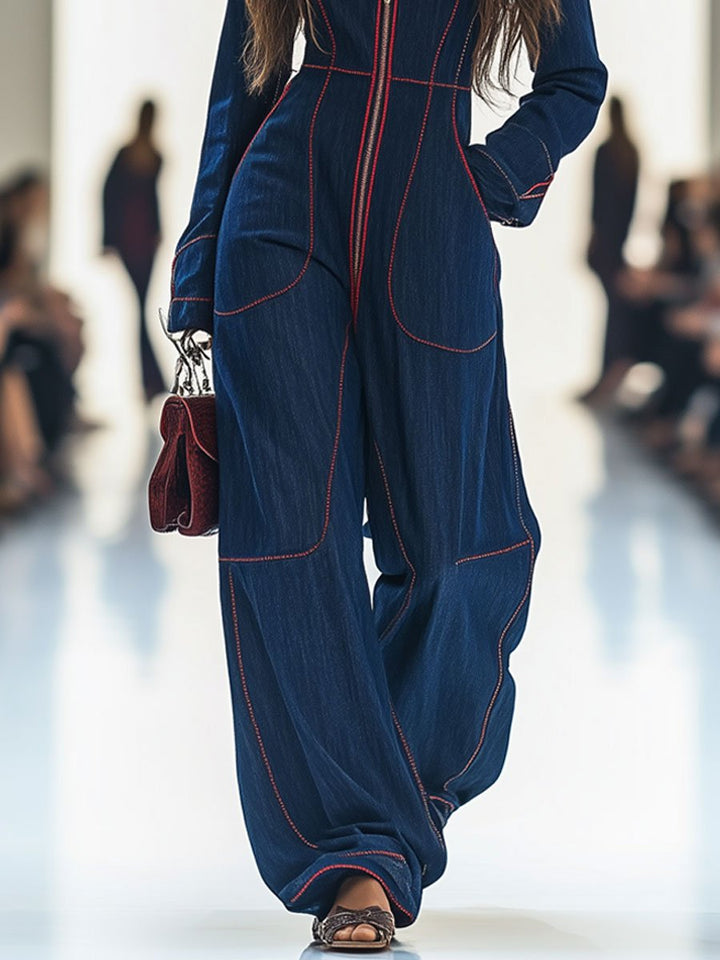 Nicole™ - Retro Red Topstitch Denim Overalls