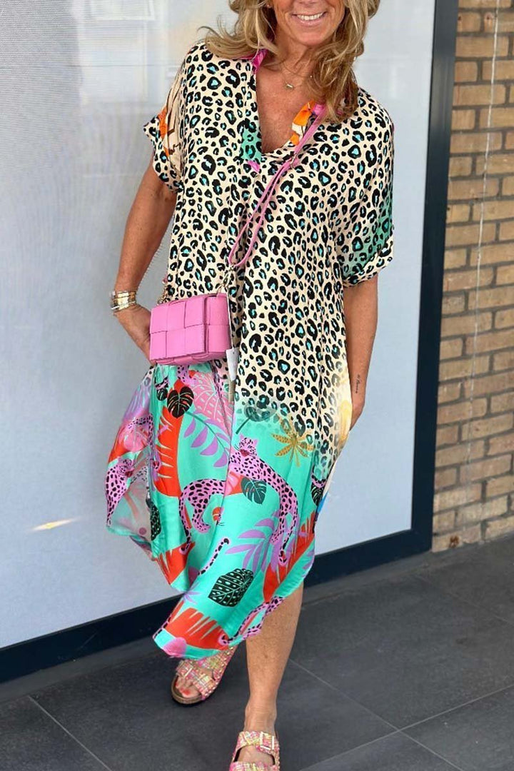 Felicia™ - Leisure Dress with Leopard Print and Short Sleeves